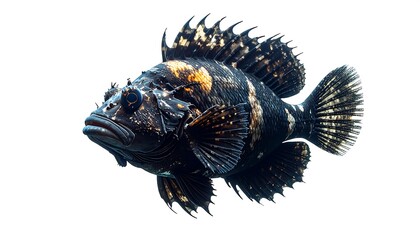 A detailed side view of a colorful fish with striking black and gold patterns, isolated on a white background