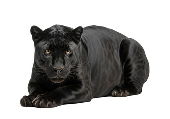 Fototapeta premium Lean, muscular jet-black panther with piercing amber eyes, coiled and poised, isolated on transparent background with copy space. Concept of untamed predatory power