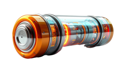 Futuristic orange and chrome cylindrical energy cell with internal glowing mechanisms, detailed end caps and transparent casing