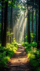 Obraz premium Sunlight streams through a tranquil forest path (1)