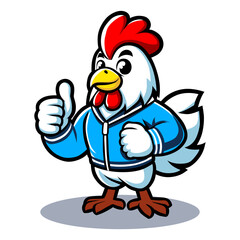 Thumbs Up Chicken Mascot in Blue Jacket