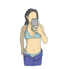 woman in bikini taking a selfie illustration vector hand drawn with black lines