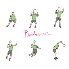 stop motion male badminton player doing smash shot illustration vector hand drawn with black lines