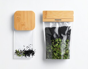 Clear plastic spice pouches with wooden lids