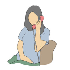 woman with long hair using vintage telephone illustration vector hand drawn with black lines