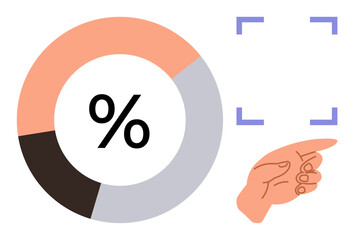 Circular chart with percentage symbol, hand pointing to empty focus box. Ideal for data visualization, analysis, communication, education, planning, goal-setting strategy. Simple flat metaphor