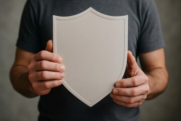 Man holding a blank shield, symbolizing security and protection, ready to be customized with your message