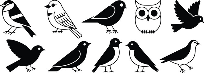 Bird silhouettes, black and white vector, cartoon illustration, wildlife design, animal icon, decorative art, stock image, nature drawing, flying figure, playful character