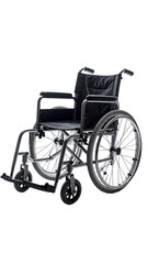 A dark gray manual wheelchair with black padded seat and backrest, large rear wheels, and smaller front wheels; angled slightly to the left