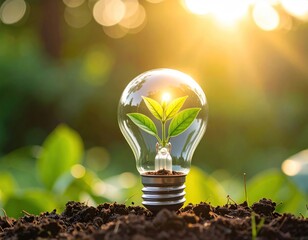 Seedling growing inside a lightbulb set on soil with green foliage in the background bathed in sunlight