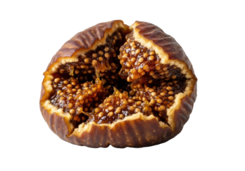 A singular, intensely sun-dried fig, torn open revealing glistening amber-brown sticky pulp and tiny light-brown seeds on a crisp white background. Concept of gourmet artisanal food
