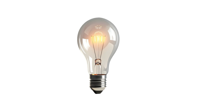 Glowing incandescent light bulb on black background; clear glass, visible filament