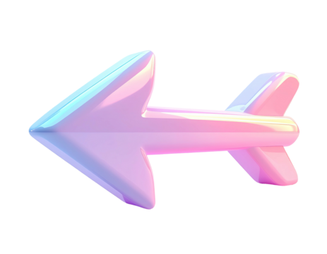 A pastel iridescent arrow pointing left, rendered in a glossy, 3D style with a slight pixelated effect