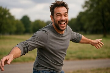 Fototapeta premium Happy man expressing joy and freedom with open arms in a green park, enjoying a carefree moment outdoors