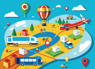 Naklejka premium Flat illustration of transportation and travel elements on a colorful map flat design