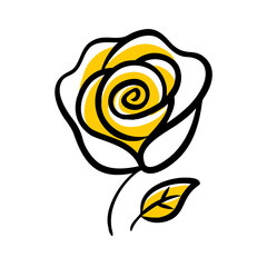 Stylized Yellow Rose and Leaf Icon doodle art on Transparent Background