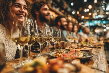 Group of friends enjoying white wine and gourmet dinner at a rustic restaurant