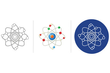 Vector art of atom model in three styles outline, colored, and blue, representing science, physics, chemistry, and nuclear energy, with electrons orbiting a nucleus