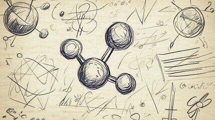 Hand drawn chemistry notes doodles of atoms formulas on paper academic science sketch style textbook concept artwork