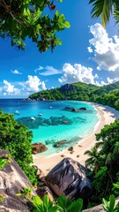 Tropical paradise white sand beach, turquoise water, boats, lush greenery, rock formations, and blue sky with scattered clouds