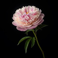 A delicate pion flower with green leaves and long stem, on a black background