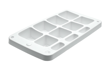 White rectangular tray with ten slightly curved, shallow compartments, featuring a small circular button on one side