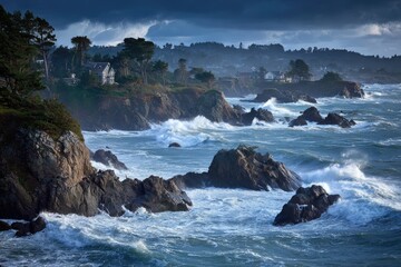 Obraz premium Dramatic coastal scene with stormy waves crashing against rocky cliffs and houses nestled on the hillside