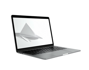 Sleek silver laptop angled left, displaying a minimalist 3D white pyramid graphic on its screen