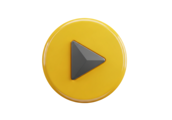 Illustration of a 3d render of a yellow play button icon, isolated on transparent background on transparent background