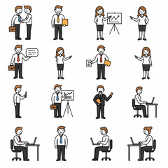 Diverse Business People Icons Professionals in Various Poses and Activities.