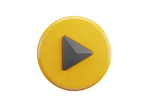 Illustration of a 3d render of a yellow play button icon, isolated on transparent background on transparent background
