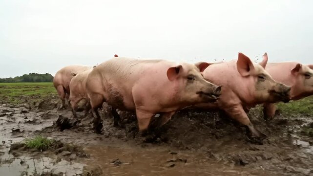 Delightful pink pigs frolicking gleefully through a muddy field on a cloudy day, embodying unadulterated joy and the carefree spirit of nature in