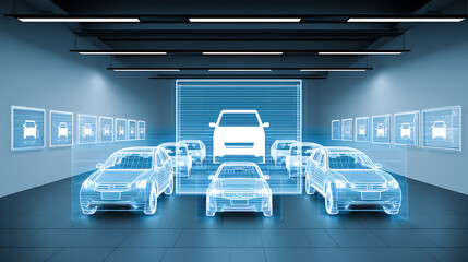 Digital holographic display of vehicles in a futuristic showroom with illuminated car models and blueprint-style projections