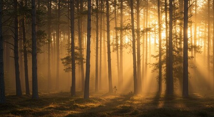 Golden Hour Enchantment: Sunbeams Piercing Misty Pine Forest