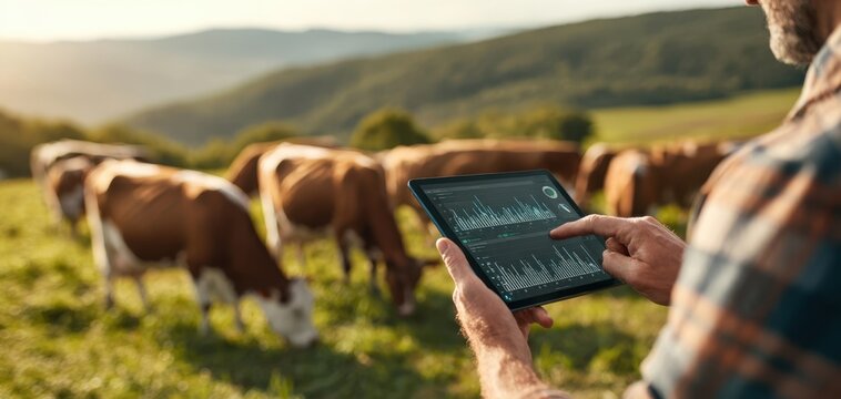 The farmer analyzing data on a tablet while overlooking grazing cattle in the field.