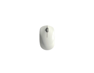 A sleek, white wireless computer mouse, viewed from directly above, shows a minimalist design with a single button visible