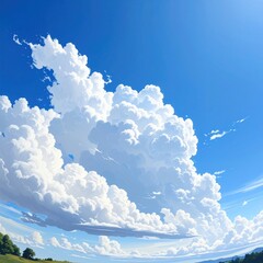 Cartoonish blue sky filled with large, fluffy, white cumulus clouds, hints of green landscapes along the horizon