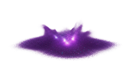 A soft, ethereal cloud formation of luminous deep purple and indigo dust particles, coalescing into nebulae-like concentrations against an immaculate white background, concept of cosmic beauty and