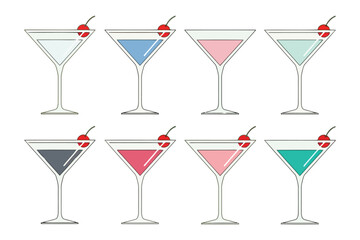 Illustration of eight martini glasses with different colored drinks and cherries the glasses are arranged in two rows of four, with each glass having a different color