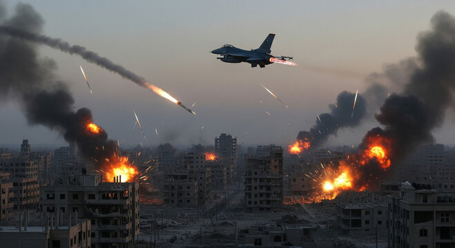 Fighter jet unleashes missile over burning city skyline amidst explosions and smoke plumes at dusk