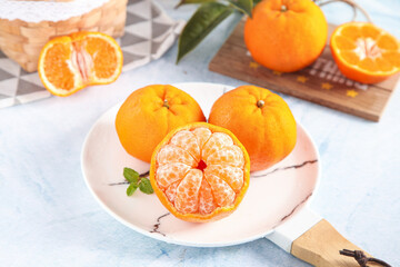 Fresh Yunnan Yongquan Tangerines and Oranges on Marble Plate - Sweet Delicious Citrus Fruits