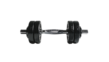 A black dumbbell with threaded ends and multiple weight plates on each side, isolated against a black background
