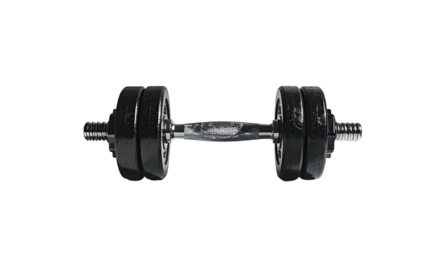 A black dumbbell with threaded ends and multiple weight plates on each side, isolated against a black background