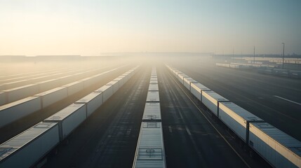 Fototapeta premium Rows of trucks parked neatly at a massive logistics yard, morning mist rising