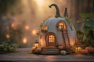 Magical pumpkin fairy house with lanterns, moss and lights in rustic autumn forest, cottagecore aesthetic, cozy Halloween fantasy scene.