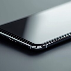 Close-up image of a sleek, modern smartphone lying on a smooth surface. The focus is on the device's edge, showcasing its elegant design and glossy finish, highlighting the advanced technology.