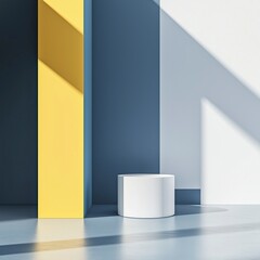 A minimalist interior design featuring a modern geometric composition with a yellow vertical panel, a blue wall, and a white cylindrical pedestal. Sunlight casts sharp shadows, enhancing the clean