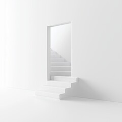 A minimalist white interior featuring a staircase leading upwards through an open doorway. The clean lines and bright lighting create a sense of openness and modern design, emphasizing simplicity and