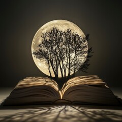 A captivating image of an open book with trees growing from its pages, silhouetted against a full moon. The scene evokes a sense of mystery and imagination, blending nature with literature.