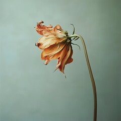 A close-up of a wilted orange flower against a soft green background, capturing the beauty of decay and the passage of time. The delicate petals and drooping stem evoke a sense of nostalgia and